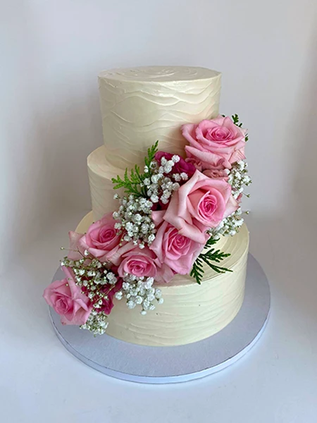 Three Tier Wedding Cake with Natural Flowers - Pink Elegance.