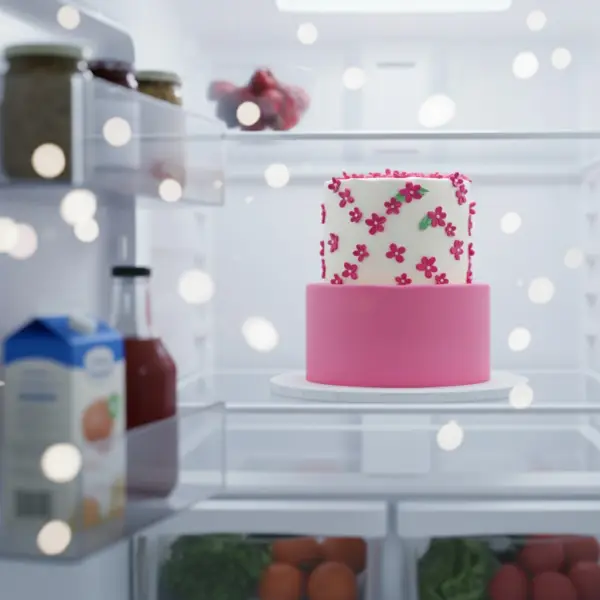 Tarta de buttercream en tonos pastel dentro de una nevera, guía sobre cuánto dura una tarta en la nevera