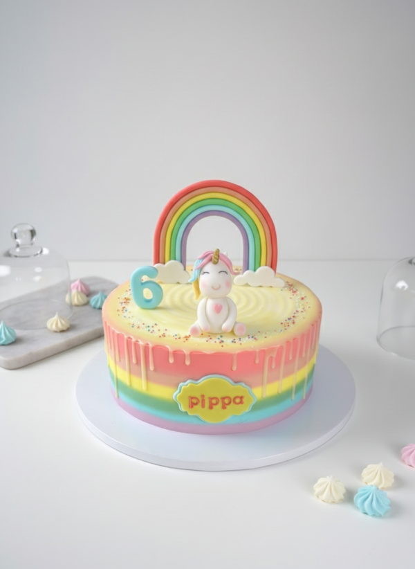 Tarta de Cumpleaños con Unicornio de Fondant y Arcoíris – Rosy Cakes